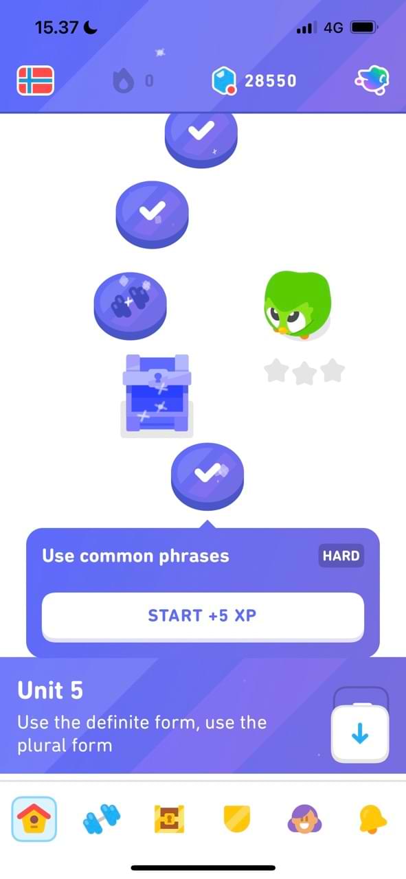 Скриншот, показывающий легендарные навыки, выполненные в Duolingo