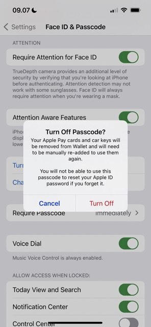Снимок экрана, показывающий, как отключить пароль iOS