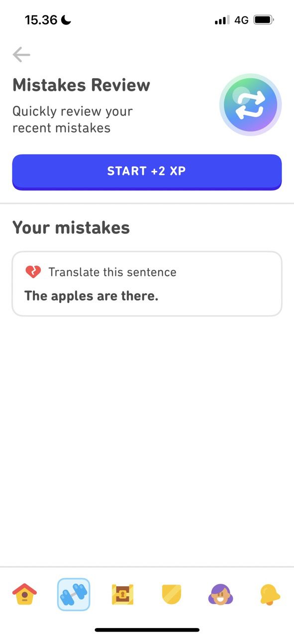 Скриншот, показывающий ошибки обзора в Duolingo