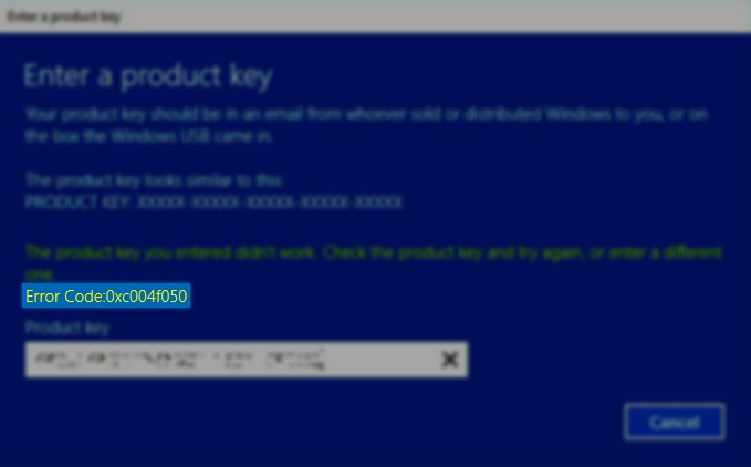 Ошибка активации (0xc004f050) в Windows 10