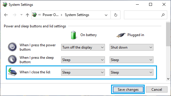 Включить спящий режим при закрытой крышке