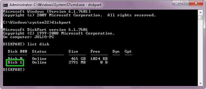 diskpart список дисков