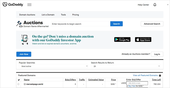 Аукцион доменов GoDaddy