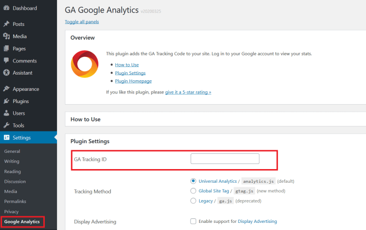 Конфигурация плагина GA Google Analytics.