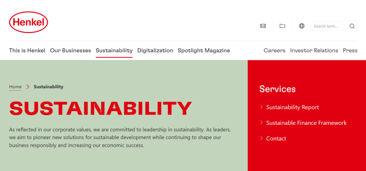 Скриншот веб-сайта Henkel: раздел, посвященный теме «устойчивое развитие»