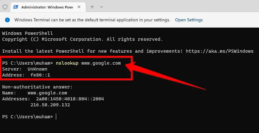 в терминале Windows вам нужно ввести «nslookup», а затем введите домен желаемого веб-сайта. Чтобы вы знали, работает ли этот сайт правильно или он не работает